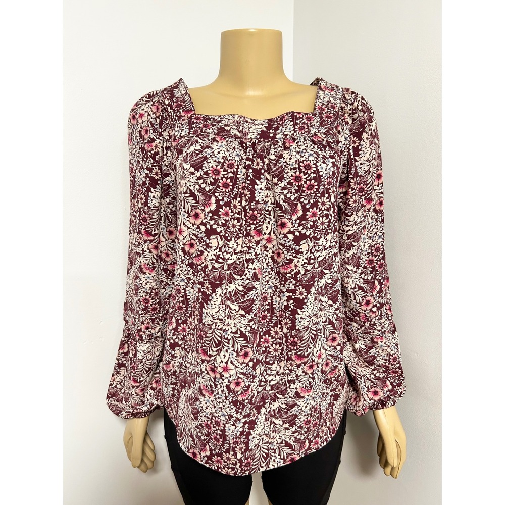 LC Lauren Conrad Burgundy Floral Square Neck Puff Sleeve Blouse FALL AUTUMN M